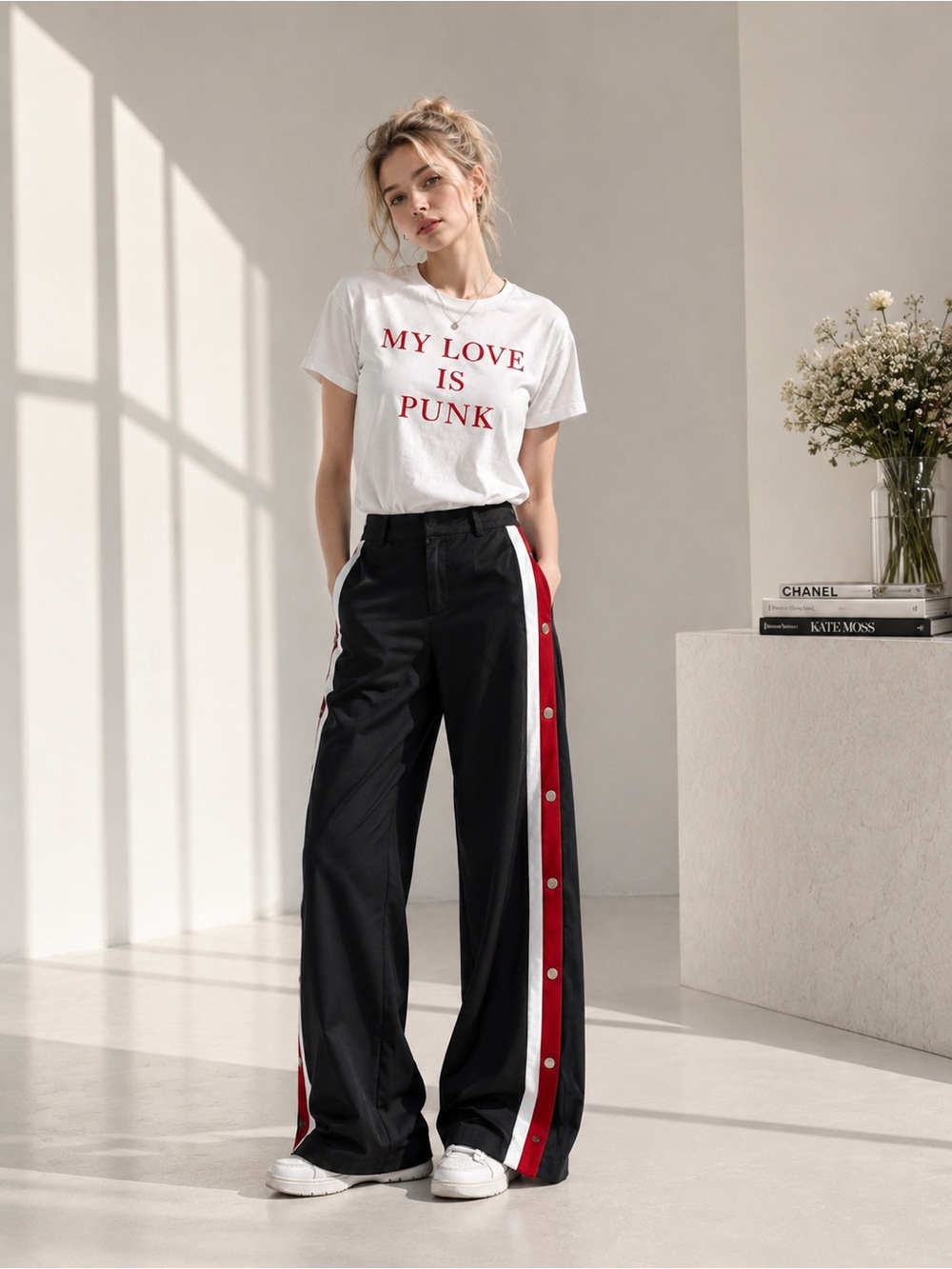 Women’s Black Wide-Leg Track Pants Red & White Snap Side Stripes - Picture 6 of 7
